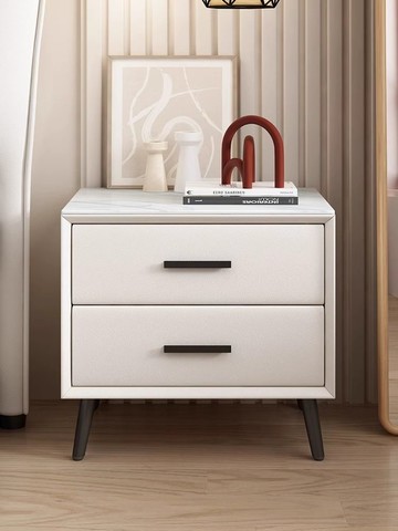 現代床頭櫃臥室家用小型皮質簡約實木輕奢巖板床邊櫃收納儲物櫃