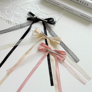 【Fee隔日到貨3色】芭蕾風蕾絲圓點雙層絲帶髮夾🔥ins緞帶飄帶小髮夾 髮飾 夾子 鴨嘴夾 瀏海夾 小髮夾 女髮夾 頭