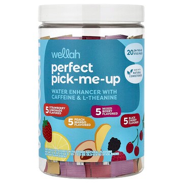 Wellah, 漂亮提神劑，含咖啡萃取和 L-茶氨酸的水加強劑，多種口味，20 條，每包 0.2 盎司（5.2-5.6 克）