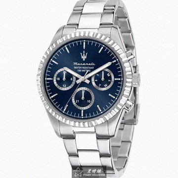 MASERATI手錶，編號R8853100022，44mm銀圓形精鋼錶殼，寶藍色三眼， 中三針顯示錶面，銀色精鋼錶帶款_廠商直送