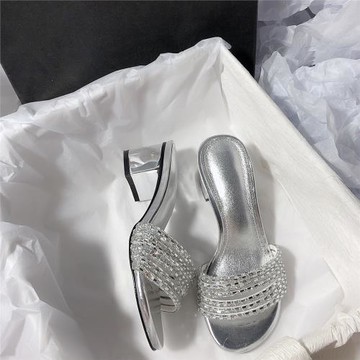 森嶼海巷 圓頭吸睛網紅風鉆條簡約時尚粗高跟一字帶露趾夏季拖鞋