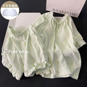 可可裡👛簡約ins藍色睡衣女款夏季短袖短褲甜美網紅帶胸墊休閒家居服套裝超大碼