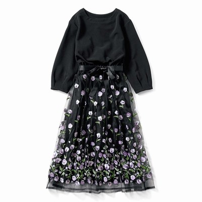 ビオラ柄刺しゅうチュール遣いのドッキングワンピース ブラック Iedit イディット フェリシモ Felissimo 通販 Lineポイント最大get Lineショッピング