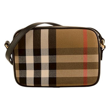 BUREBRRY 經典格紋織布皮邊拉鍊斜背相機包(卡其x黑邊)小款