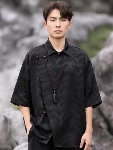 新中式復古 翻領盤扣短袖襯衫 唐裝上衣