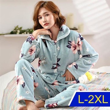 【韓國K.W.】親膚保暖絨花朵印花休閒居家套裝(内加絨/保暖/休閒/睡衣)