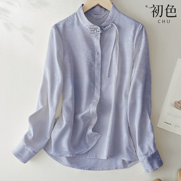 初色 新中式中國結盤扣緹花小立領薄款長袖襯衫上衣女上衣-共2色-10581(M-2XL可選)