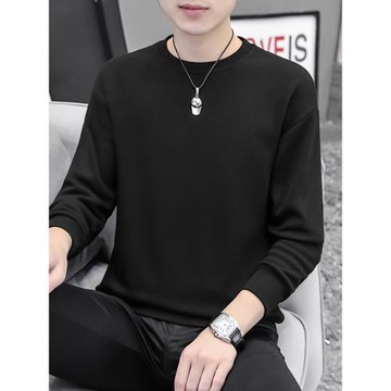 320g重磅純色衛衣男春秋款加絨套頭無帽薄款寬松圓領長袖t恤黑色