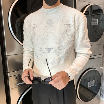 秋冬季休閒帥氣提花長袖毛衣男 青年輕奢時尚保暖打底衫男