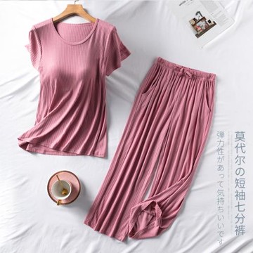 莫代爾帶胸墊短袖七分褲套裝女夏罩杯一體家居服免文胸睡衣可外穿