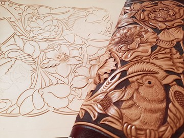 Loup leather art - 手染唐草鳥類雕刻植鞣革長夾