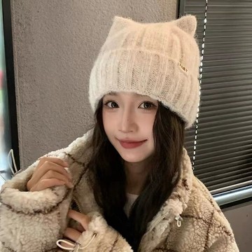 新款帽子女冬季可愛小貓耳朵包頭毛線帽保暖護耳毛絨針織帽大頭圍 冷帽 韓版護耳保暖帽‼️ 冬季穿搭必備 帽子