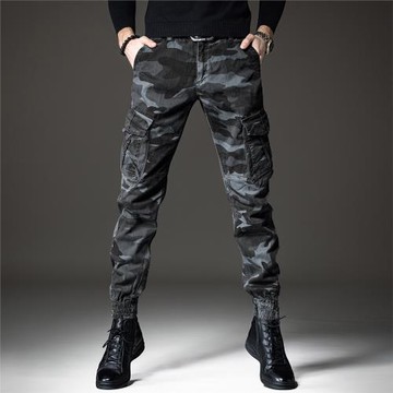 貴色歐美潮牌秋季款迷彩工裝褲男修身戶外耐磨束腳秋季休閑褲子男