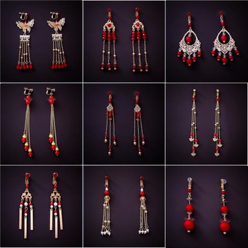 中式古裝新娘秀禾耳飾紅色旗袍流蘇耳墜原創古風耳夾龍鳳褂長耳環