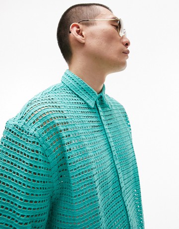 Topman short sleeve relaxed crochet shirt in teal-Blue