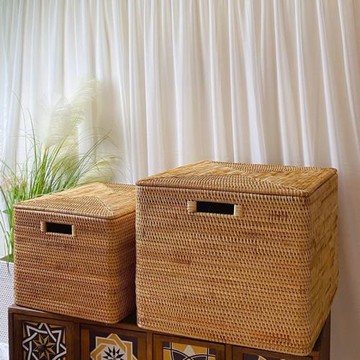 藤編筐越南進口手工收納筐有帶蓋子手提方形大號整理箱復古儲物盒