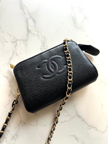 中古包Chanel黑色魚子醬皮革斜背包 單肩包 側背包 二手包 古董包