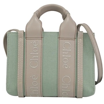 CHLOE Woody Mini 經典LOGO織帶帆布迷你兩用包.綠/灰