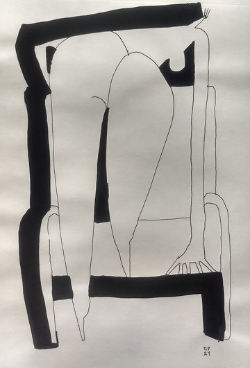 抽像極簡主義立體派墨水畫，描繪坐在椅子上的裸女，墨水畫