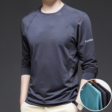 夏季中厚度長袖圓領t恤防曬衣戶外運動健身冰絲速干衣青年中年長T