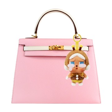 HERMES Kelly 25cm 雙色羊皮手提/肩背凱莉包(馬蹄印訂製款/00粉/U刻/金釦)