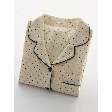 日系水玉波點睡衣女士春秋夏季純棉紗布薄款寬松長袖家居服套裝