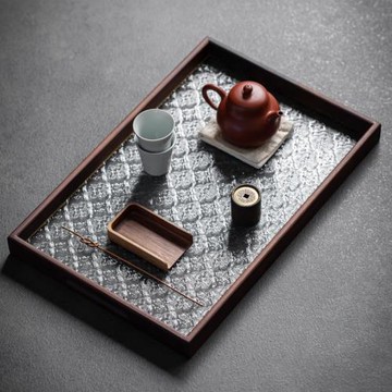 舊望格胡桃木鋼化玻璃復古茶托盤家用茶奉餐盤長方形點心收納茶盤
