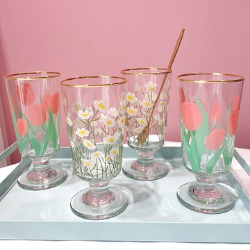 是春天呀！ins風同款少女心小雛菊郁金香復古金邊高腳杯玻璃杯