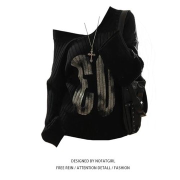 大碼胖MM美式辣妹露肩針織毛衣女秋季新款字母印花慵懶風甜酷上衣