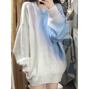 毛衣 針織 上衣 加厚 長褲 明星同款漸變套頭毛衣女秋冬新款慵懶風寬鬆百搭中長款針織衫上衣