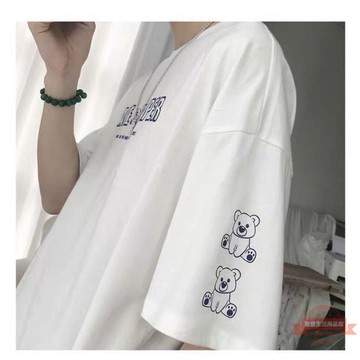 夏季新款學生韓版潮流寬鬆加肥加大尺碼5分短袖小熊印花短袖T恤男潮　男士短袖t恤男夏季圓領短袖