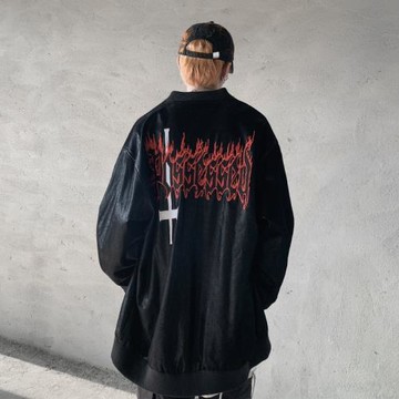 MRNEARLY 暗黑系燃焰復古水洗PU棒球服夾克男高街小眾潮牌外套