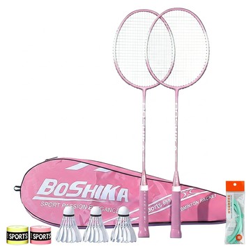 BOSHIKA 搏仕卡 減震羽球訓練組 輕羽球拍 2個 + 羽球 3顆 + 握把布 2個 + 護貼 顏色隨機 2個 + 收納袋 櫻花粉  1套  SPORTS 658