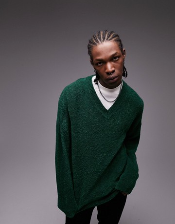 Topman knitted boucle v neck jumper in green