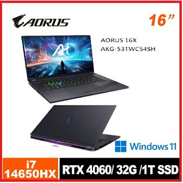 【2024雙11搶先購】GIGABYTE技嘉 AORUS 16X AKG-53TWC54SH 16吋筆電 i7-14650HX/16G/1TB SSD/RTX4060 8G/W11H
