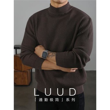 LUUD 咖啡色輕熟復古風毛衣男保暖套頭針織衫豎條紋理提花打底衫
