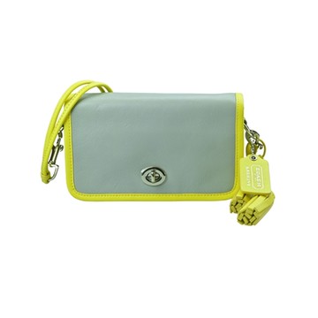 COACH 莫蘭迪灰全皮檸檬黃邊流蘇旋釦翻合磚型小款斜背包 (展示品-邊角微脫皮)