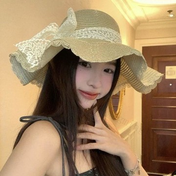 【防曬大帽簷】夏季蕾絲花邊草編帽 草帽 防紫外線 防曬 海邊沙灘拍照 網紅少女 大帽檐 遮陽帽大帽簷 拉菲草帽 大帽沿遮
