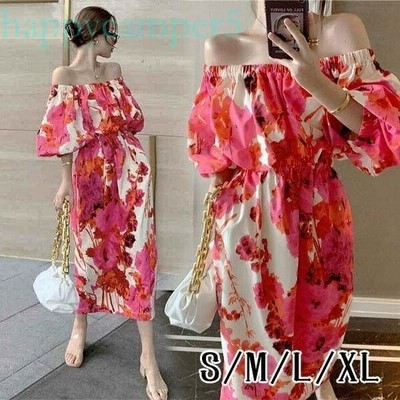 マキシワンピース マキシ丈 オフショル ワンピース 夏 袖あり バルーン袖 バックスリット ウエストゴム 大花柄 花柄 派手 リゾートワンピ サマードレス 通販 Lineポイント最大get Lineショッピング