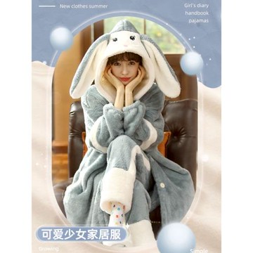 睡袍女秋冬季法蘭絨加絨加厚可愛卡通大碼珊瑚絨加長款睡裙兩件套