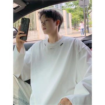 高街重磅長袖t恤男夏季少年感小領口短袖設計感小眾寬松半袖上衣