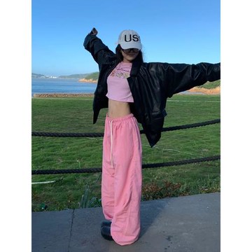 美式復古休閑褲女2025春季新款抽繩寬松直筒闊腿褲粉色拖地長褲子