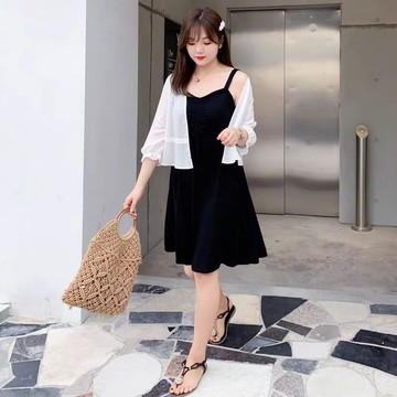 佰分佰/100kg內可穿/大尺碼女裝/套裝女/純欲風/吊帶裙/連衣裙/遮肚顯瘦/兩件式洋裝/女生套裝