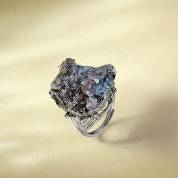 灰紫色水晶活口戒指 隨形原石標本 星光閃片晶簇手工指環 S925銀