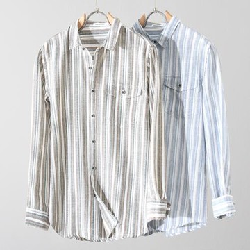 春秋男士亞麻長袖襯衫翻領條紋棉麻襯衣青年職業休閑工裝寸衫上衣