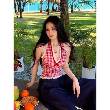 美式復古紅色格子背心女夏季蕾絲拼接掛脖內搭吊帶辣妹v領短上衣