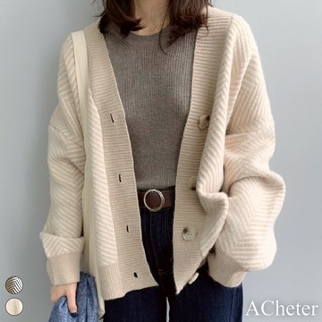 【ACheter】加厚宽松慵懒风毛衣外套韩版V领网红复古条纹長袖针织中長外套# 114854(現貨+預購)
