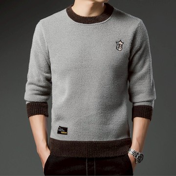 秋冬季新款圓領毛衣男士韓版潮流修身仿貂絨男士保暖休閑上衣青年