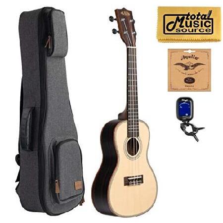 Kala KA-SSEBY-C Spruce Top, Ebony Body Concert Ukulele, Gray Sonoma Case Bundle