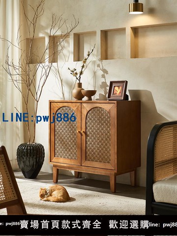 【物美價廉】北歐實木餐邊柜簡約現代客廳茶水柜儲物柜日式藤編玄關柜電視柜